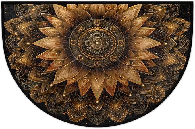 Mandala Golden Vintage Half Round Door Mat Non-Slip Semi Circle Rug Washable Half Moon Floor Rug Absorbent Bathroom Area Rugs for Outdoor Indoor Fireplace Mat Entryway Kitchen Decor Rugs