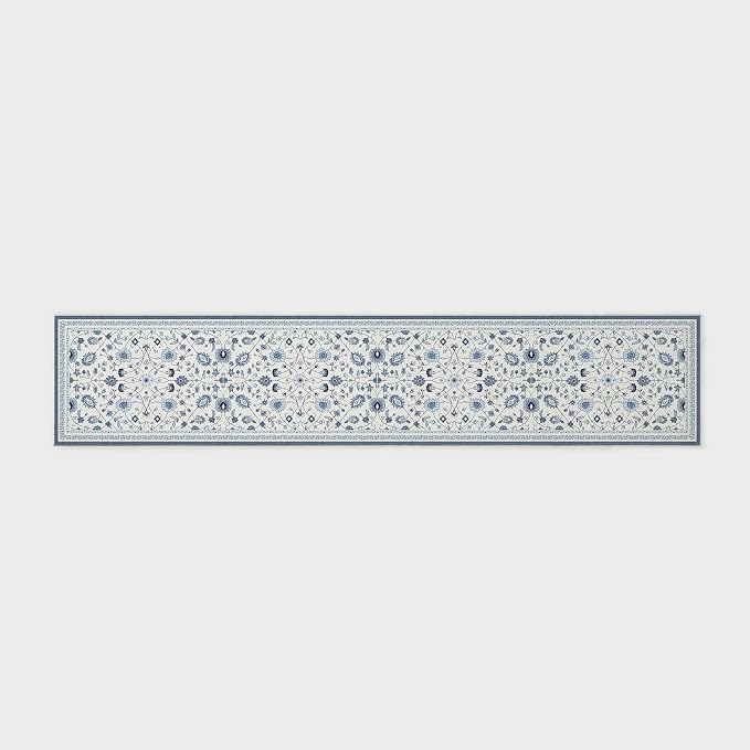 EVERGRACE Hallyway Area Runner Rugs 2x10, Boho Floral Faux Wool Indoor Outdoor Rugs, Washable Rugs for Bedroom Dining Room Living Room Kitchen, Low Pile Floor Mat Carpet for Home Decor, Porcelain Blue