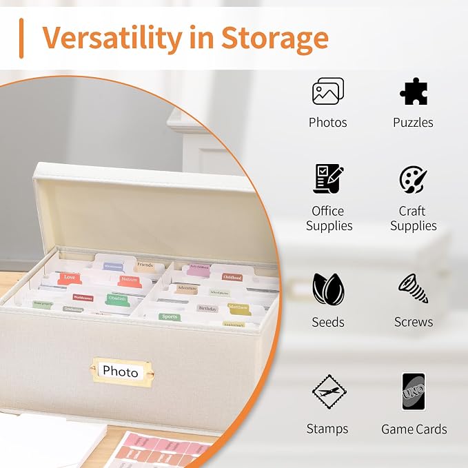 Aokeyee Photo Storage Box Holds 1700+ 4x6 Pictures | Photo Organizer Box | 8 Dividers | 24 Paperboard | with Blank Label