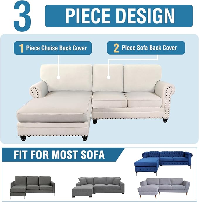 H.VERSAILTEX Backrest Cushion Covers Sectional Couch Back Cushion Covers for Sectional Sofa Set for Both Left/Right Couch (Back Only: 1 Chaise + 2 Sofa, Ivory)