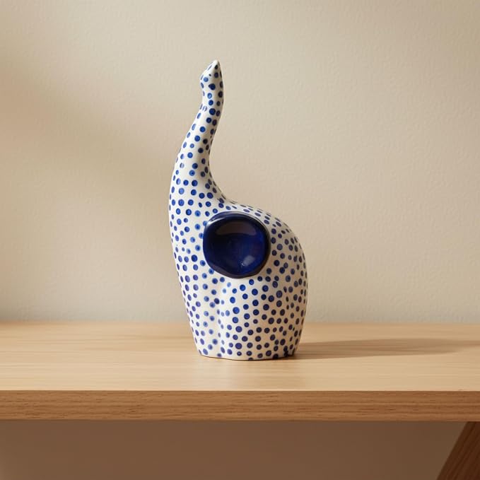 Ceramic Elephant Figurine Sculpture – Artful Room Decor Accent, Shelf, Desk, or Mantel Placement, Boho Home Decor Detail with Symbolic Charm – 8", Blue and White Finish