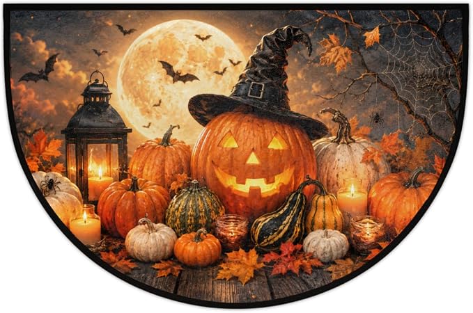 Halloween Half Round Door Mat Outdoor Doormat Bedroom Entrance Rug A7 | Halloween Pumpkin Semi Moon Door Mat Non-Slip Absorbent Kitchen Rug Indoor Welcome Bath Mat 36" X 24"