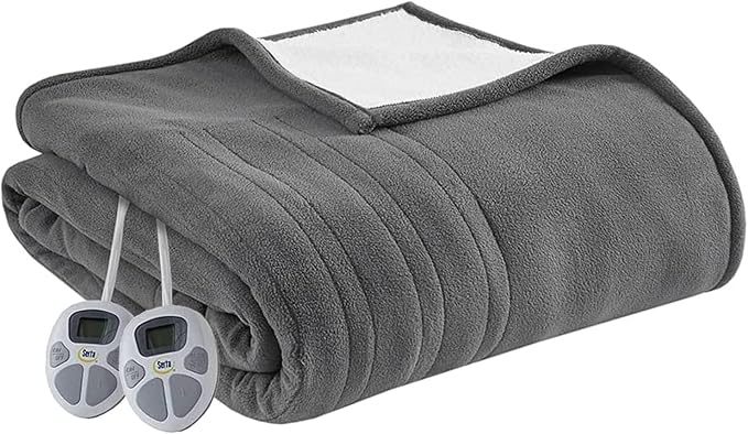 Serta Reversible Fleece to Sherpa Electric Blanket, Fast Heating, Auto Shut Off Timer, Multi Heat Setting, ETL Certified, Machine Washable, Grey Queen 90"x 84"