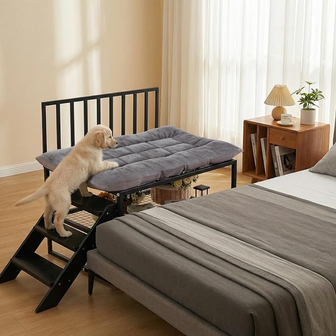 Leinuosen Adjustable Bedside Dog Bed for Large Dogs, 44"x39" Metal Co Sleeper Frame with Storage Shelf, Washable Cushion, 300 lb Capacity, Black