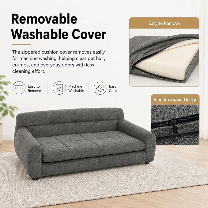 51"×28" Large Dog Sofa, for Large & Extra Large Dogs | Detachable Cushion | Reinforced Low Base|Non-Sagging |Linen Fabric | Soft Cushion | Armrest & Backrest | Dark Gray