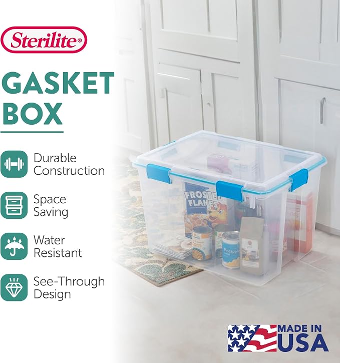 Sterilite 19384304 80 Quart/76 L Gasket Box, Clear Lid & Base with Blue Aquarium Latches & Gasket (4 Pack)