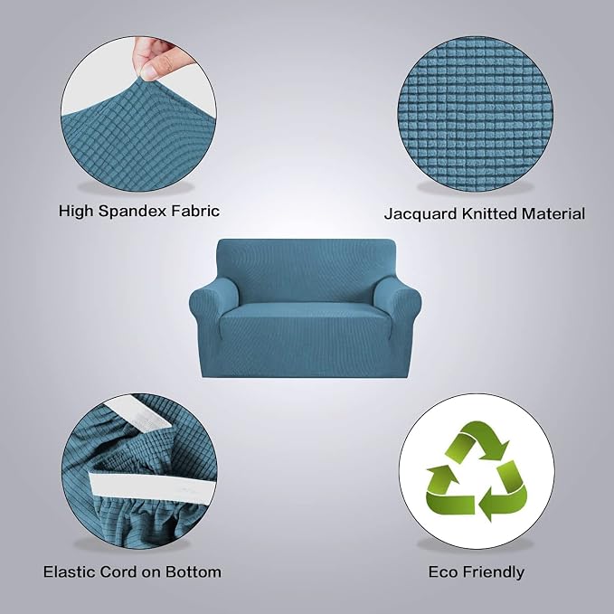 H.VERSAILTEX Stretch Sofa Covers Couch Covers for 2 Cushion Couch Sofa Pet Friendly with Elastic Bottom, Textured Checked Jacquard Fabric(Loveseat 58"-70" Wide, Dusty Blue)