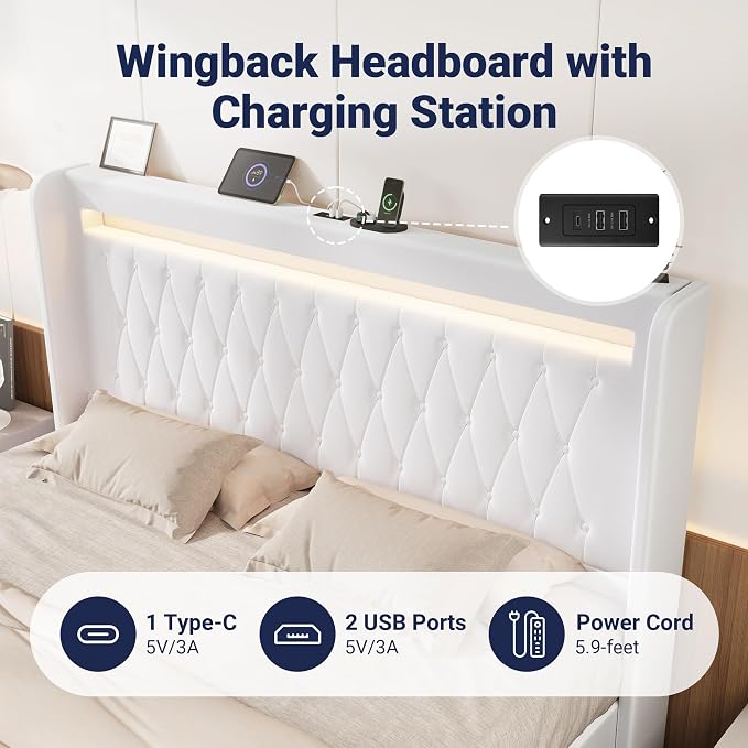 Allewie King Size Upholstered Bed Frame with LED & Charging Station, White | Customizable LED lights, charging station, tufted wingback headboard, noise-reducing support, and no box spring needed.