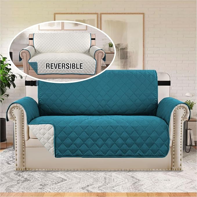 H.VERSAILTEX Sofa Protector for Dogs/Cats/Pets Sofa Covers Slipcover Quilted Couch Coveres Loveseat Covers with Non Slip Elastic Strap Water Resistant Seat Width: 46" (Loveseat, Dark Teal/Beige)