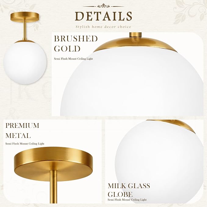 Mid Century Modern Globe Semi Flush Mount Ceiling Light Fixture Frosted Glass with Gold Brass Finish,1-Light Sphere Glass Pendant Lights for Aisle Porch Stairway Closet Kitchen Laundry Room(Bulb Incl)