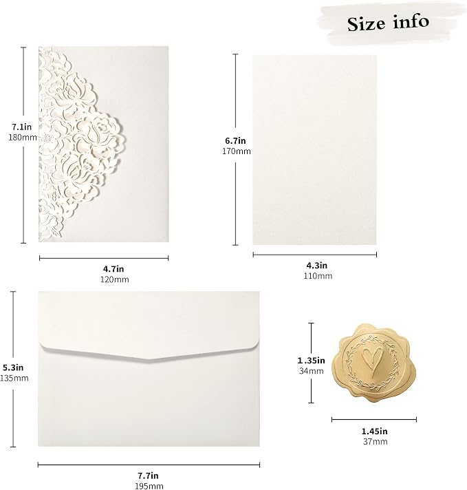 DORIS HOME Laser Cut Quinceanera Invitations, Ivory White, 4.7"x7.1" | 50pcs, Blank Quince Invitations, For 15th Birthday & Sweet 16, With Envelopes