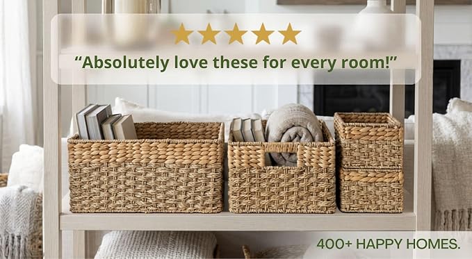 Wicker Storage Basket for Shelves, Set of 4 | Natural Seagrass and Hyacinth, Nesting, Woven Storage Baskets for Organizing Living Room, Shelves, Pantry, Rectangle, Rattan