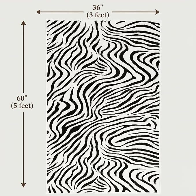 Black and White Rug 3x5 Animal Print with Abstract Stripes, Non-Slip TPE Backing, Low Pile, Washable Rugs Easy Clean, Suitable for Living Rooms, Bedrooms, and Offices