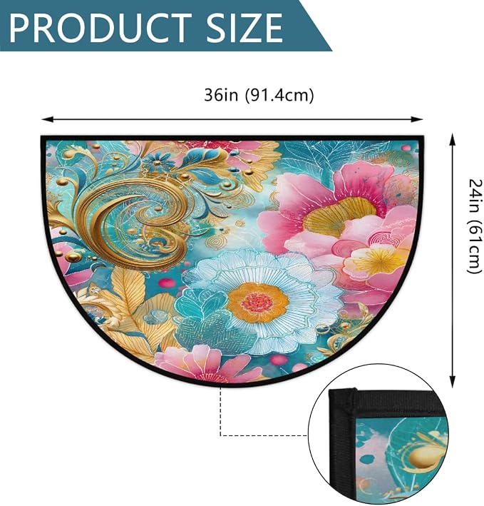 Flower Half Round Door Mat Semi Circle Rug Half Moon Doormat | Soft Washable Gold Turquoise Welcome Entrance Mat for Outdoor Indoor Floor Bedroom Bathroom Home Kitchen Festival Decor