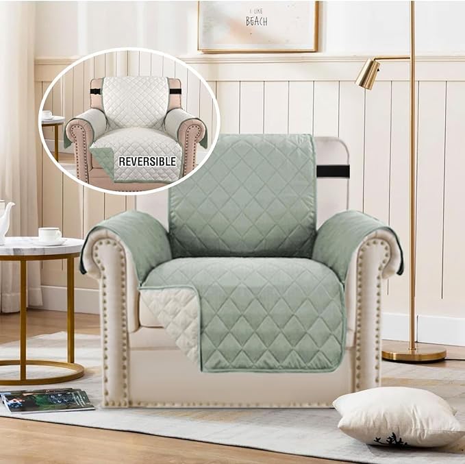 H.VERSAILTEX Reversible Chair Cover Water Resistant Chair Couch Cover for Living Room Machine Washable Furniture Cover with Elastic Strap for Dogs, Pets(Armchair, Desert Sage/Beige)