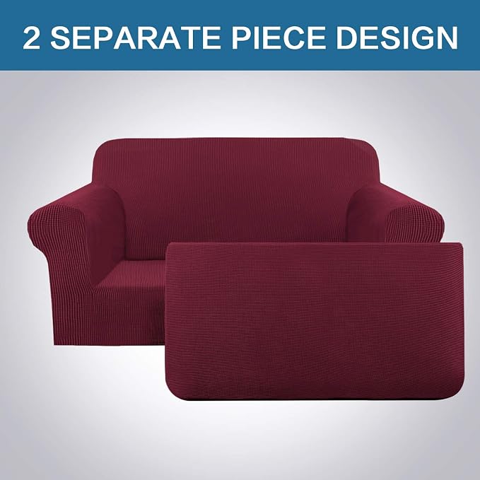 H.VERSAILTEX High Stretch 2 Piece Loveseat Couch Covers Furniture Protector Sofa Cover Suit for T Cushion/Box Cushion, Durable and Thick Spandex Stretch Fabric Soft Slipcover - Loveseat, Burgundy Red