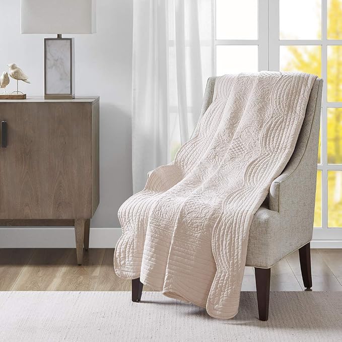 Madison Park Luxe Damask Stitching Throw Blanket, 60"x72" | Cotton Filled Spread, Ultra Soft, Cozy Bedding for Living Room Couch, Sofa, Bed, Scalloped Borders, Blush