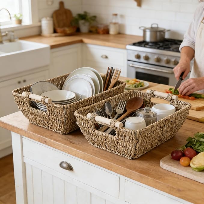Wicker Baskets with Wooden Handles, Large Seagrass Storage Baskets