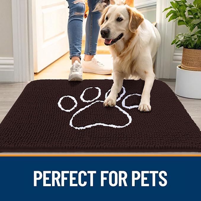 OLANLY Dog Door Mat for Muddy Paws 35x24, Paw Print Design, Absorbs Moisture and Dirt, Absorbent Non-Slip Washable Doormat, Quick Dry Chenille Mud Mat for Dogs, Entry Indoor Entryway Carpet, Brown