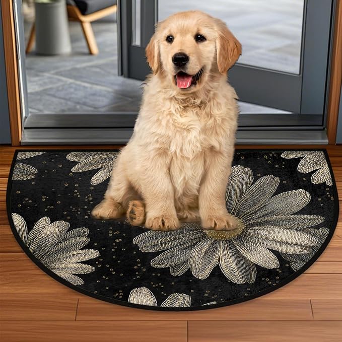 Daisy Half Round Door Mat Semi Circle Rug Half Moon Doormat | Soft Washable Black Elegant Welcome Entrance Mat for Outdoor Indoor Floor Bedroom Bathroom Home Kitchen Festival Decor
