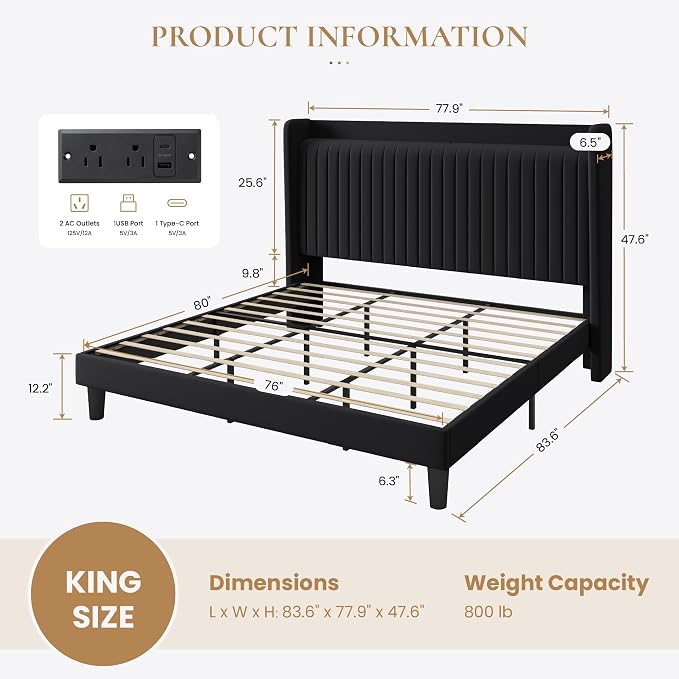 SHA CERLIN King Size Velvet Bed Frame with Shelf, Charging Station, Black | Wingback Storage Headboard, Upholstered Platform Bed, Wooden Slats Support, No Box Spring Needed, Easy Assembly, Noise Free