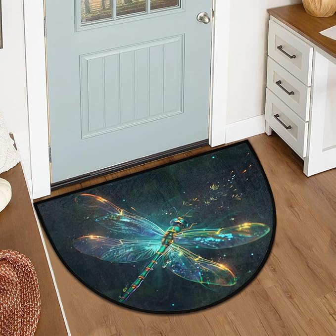 Dragonfly Animal Half Round Door Mat Semi Circle Rug Half Moon Doormat | Dragonfly Green Soft Washable Welcome Entrance Mat for Outdoor Indoor Floor Bedroom Bathroom Home Kitchen Festival Decor