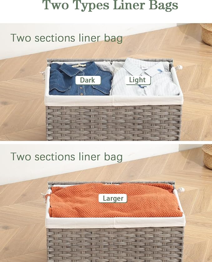 SETVSON Storage Basket with Lid PE Rattan 27.8 Gal Wicker Chest, Gray | 105L Woven Wicker Baskets with 2 Separate Lids, 2 Removable, washable linings, Sturdy Iron Frame, 25.2 x 15.4 x 16.1 Inches