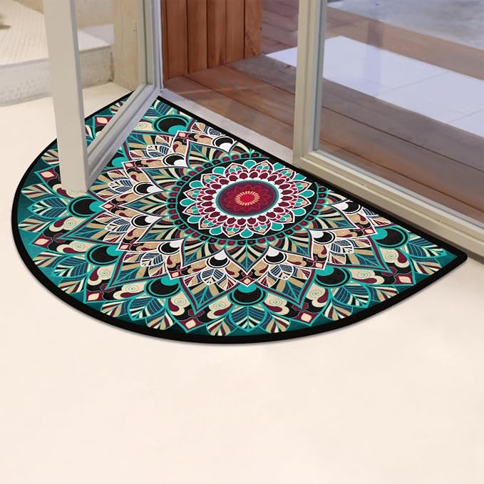 Mandala Half Round Doormat Non-Slip Semi Circle Rug Half Moon Mat | Turquoise Ethnic Flower Washable Soft Absorbent Indoor Outdoor Entrance Kitchen Bathroom Sink Welcome Fireplace Floor Rug