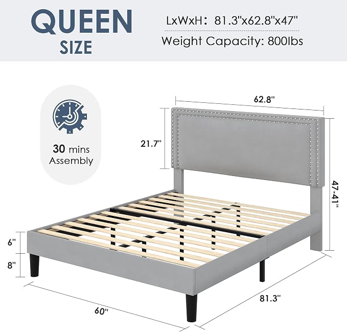 VECELO Queen Size Platform Bed Frame with Height Adjustable Upholstered Headboard, Modern Mattress Foundation,Strong Wood Slat Support, No Box Spring Needed, Easy Assembly,Light Grey
