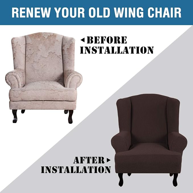 H.VERSAILTEX Wing Chair Slipcover Chair Covers for Wingback Chairs Wingback Chair Covers Slipcovers 1 Piece Stretch Sofa Cover Furniture Protector Soft Spandex Jacquard Checked Pattern, Chocolate
