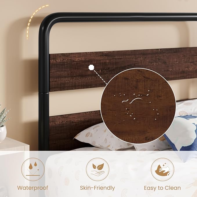 SHA CERLIN Twin Size Metal Bed Frame with Wooden Headboard and Footboard, Heavy Duty Oval-Shaped Platform Bed Frame with 10" Under-Bed Storage, Heavy Duty Slats Support, No Box Spring Needed, Mahogany