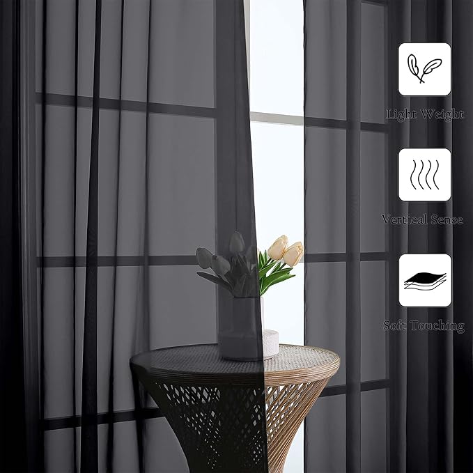 Lecloud Black Sheer Curtains 90 Inches Long 2 Panels, Light Filtering Privacy - Image 3