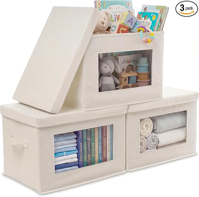 3-Pack Storage Bins with Lids & Clear Window, Foldable Fabric Closet Organizer Boxes, Stackable Cube Baskets with Soft Handles for Clothes & Blankets, 15", Beige