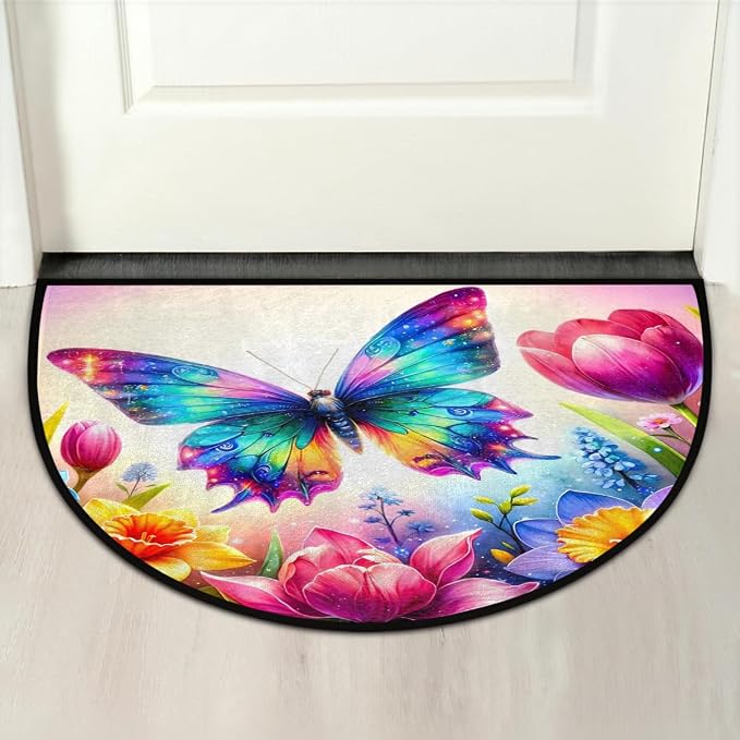 cfpolar Half Round Door Mat Flower Animal Butterfly Non-Slip Semi Circle Area Rug Washable Half Moon Hearth Rugs for Indoor Outdoor Bathroom Kitchen Patio Runner Mat Laundry Room Home Decoration