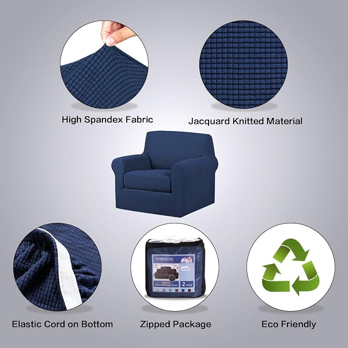 H.VERSAILTEX Stretch Chair Covers Armchair 2 Piece Chair Covers for Living Room Furniture Cover Suit for T Cushion/Box Cushion, Spandex Jacquard Fabric Small Checks(Armchair-Standard, Navy)