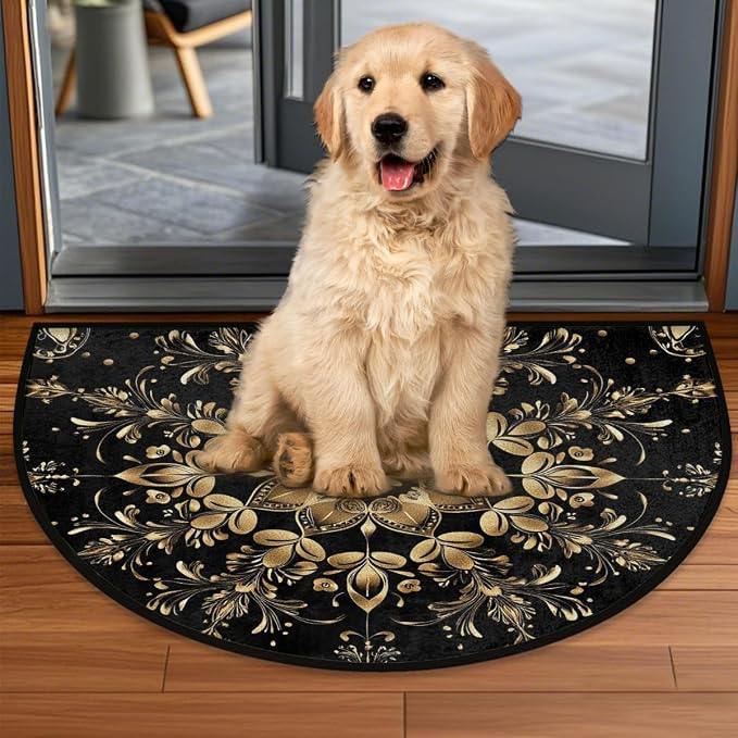Black Gold Half Round Doormat Semi Circle Rug Half Moon Rug Entryway Mat | Flower Boho Washable Non Slip Outdoor Floor Rug Kitchen Mat for Indoor Outdoor Bathroom Fireplace Bath Decor