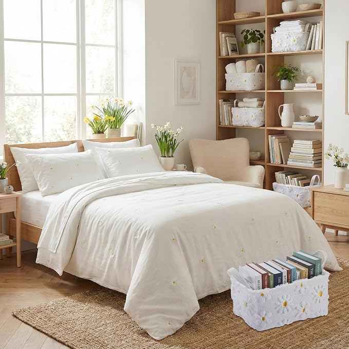 2pcs White Daisy Storage Basket 14x10''Back to School Gift Basket | Foldable, Fluffy, Laundry, Storage Bin with Handle, Floral, Closet Organizer, Preppy Dormitory, Countertop Tabletop Shelf