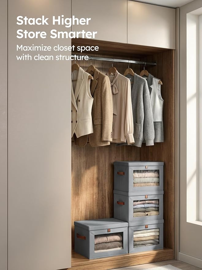 Homsorout Medium Fabric Storage bins - Collapsible Storage Bins with Open Window, 4 Pack Closet Baskets for Shelves, Stackable Decorative Boxes for Home, Dorm, Grey, 13.7"x 9.8" x 9.8"