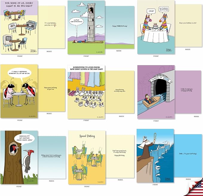 NobleWorks 36 Assorted Funny Birthday Cards Bulk Box Set with Envelopes, Rich Humor Cartoons Greeting Card Variety Pack for Men and Women (36 Designs, 1 Each) Celebrations AC7741BDG-B1x36