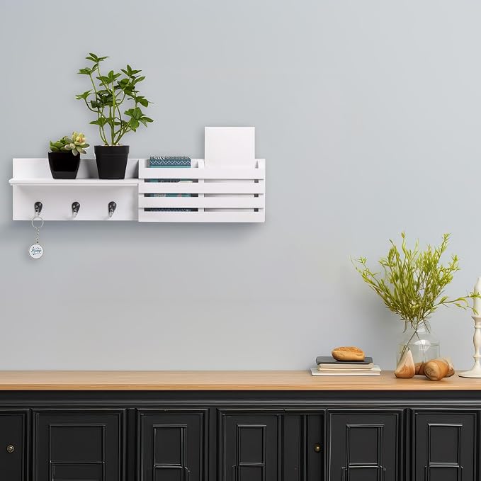 Kiera Grace Sydney Floating Shelf, Modern Wall Mounted Shelf with 3 Metal Hooks and Mail Holder for Home, Office, 24", White, 1Pack