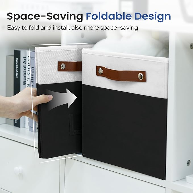 FinishingBo 10.5" x 11" Storage Bins with Labels 6 Pack | PU Leather Handles, Foldable Storage Cubes, Storage Baskets, Closet Storage, White/Black