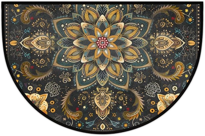 cfpolar Half Round Door Mat Ethnic Mandala Boho Flowe Non-Slip Semi Circle Area Rug Washable Half Moon Hearth Rugs for Indoor Outdoor Bathroom Kitchen Patio Runner Mat Laundry Room Home Decoration