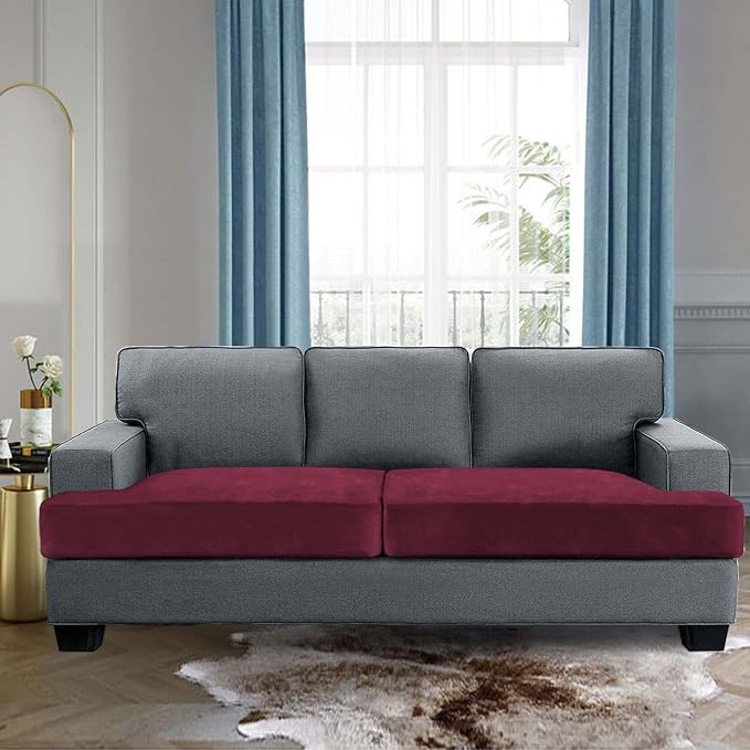 H.VERSAILTEX Stretch Velvet 2 Piece T Cushion Sofa Slipcovers Individually Sofa Cushion Covers for 2 Cushion Couch Seat Cushion Covers Stay in Place (Sofa, Burgundy)
