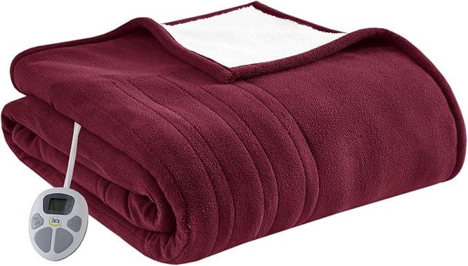 Serta Heated Blanket King - Reversible Fleece Heating Blanket, Berry Red | Dual-Layer Heated Throw Blanket With 5 Heat Settings & Auto Shut Off, Machine Washable, ETL Certified