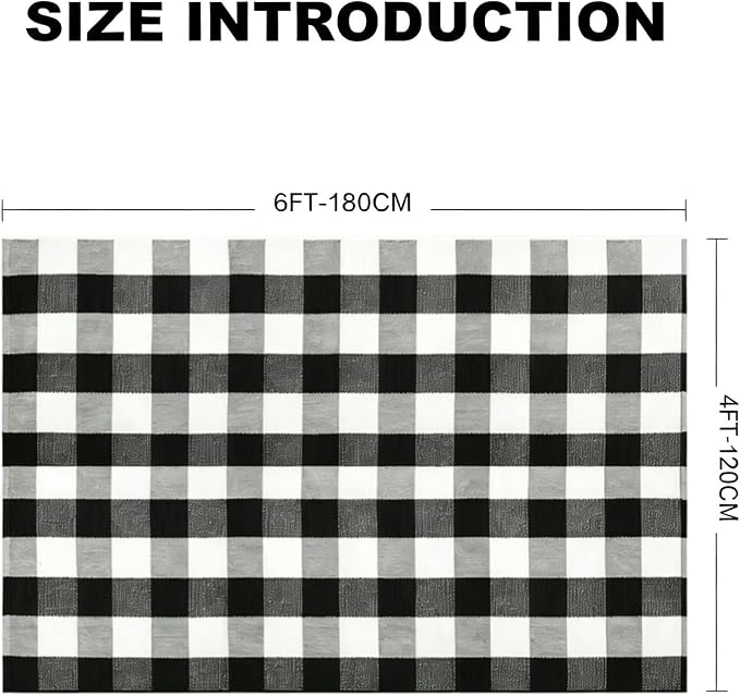 Buffalo Plaid Rug 4' x 6' Black and White Front Door Mat Reversible Layered Porch Rug Washable Hand Woven Cotton Area Rug for Indoor Outdoor Living Room Dining Room Bedroom Kitchen Porch Decor