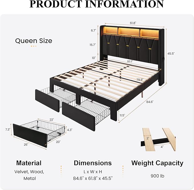 SHA CERLIN Queen Velvet Platform Bed Frame with 2 Storage Drawers, LED Storage Headboard with Charging Station, Upholstered Wingback Headboard, Noise-Free, No Box Spring Needed, Easy Assembly, Black