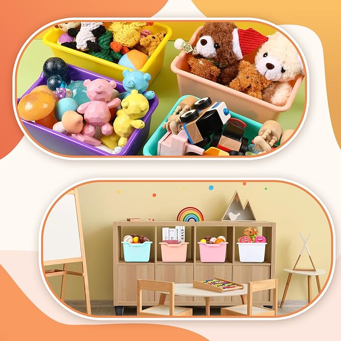 Dandat 24 Pcs Plastic Book Bins for Classroom Library Colorful Scoop Front Cubby Bins Stackable Toy Storage Containers with Handles for School Home Office Nursery Daycare (Bright Color)