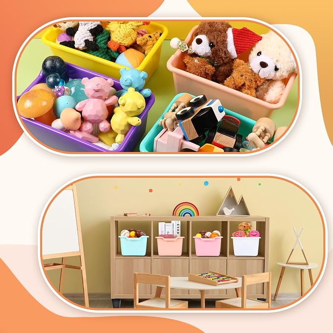 Dandat 36 Pcs Plastic Book Bins for Classroom Library Colorful Scoop Front Cubby Bins Stackable Toy Storage Containers with Handles for School Home Office Nursery Daycare (Bright Color)
