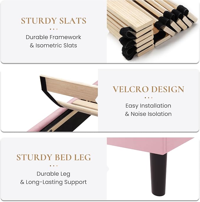 SHA CERLIN Queen Size Velvet Bed Frame with Adjustable Headboard, Pink | Vertical Channel Tufted Design, Upholstered Platform Bed, Wood Slats Support/No Box Spring Needed/Easy Assembly