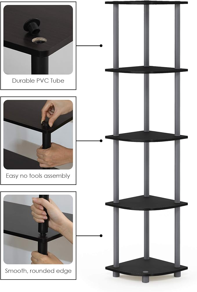 Furinno TURN-N-TUBE Corner Shelf, 5-Tier Corner Bookshelf, Open Storage Shelves, for Organization and Storage, Living Room, Home Office, Garage, Bedroom, Black